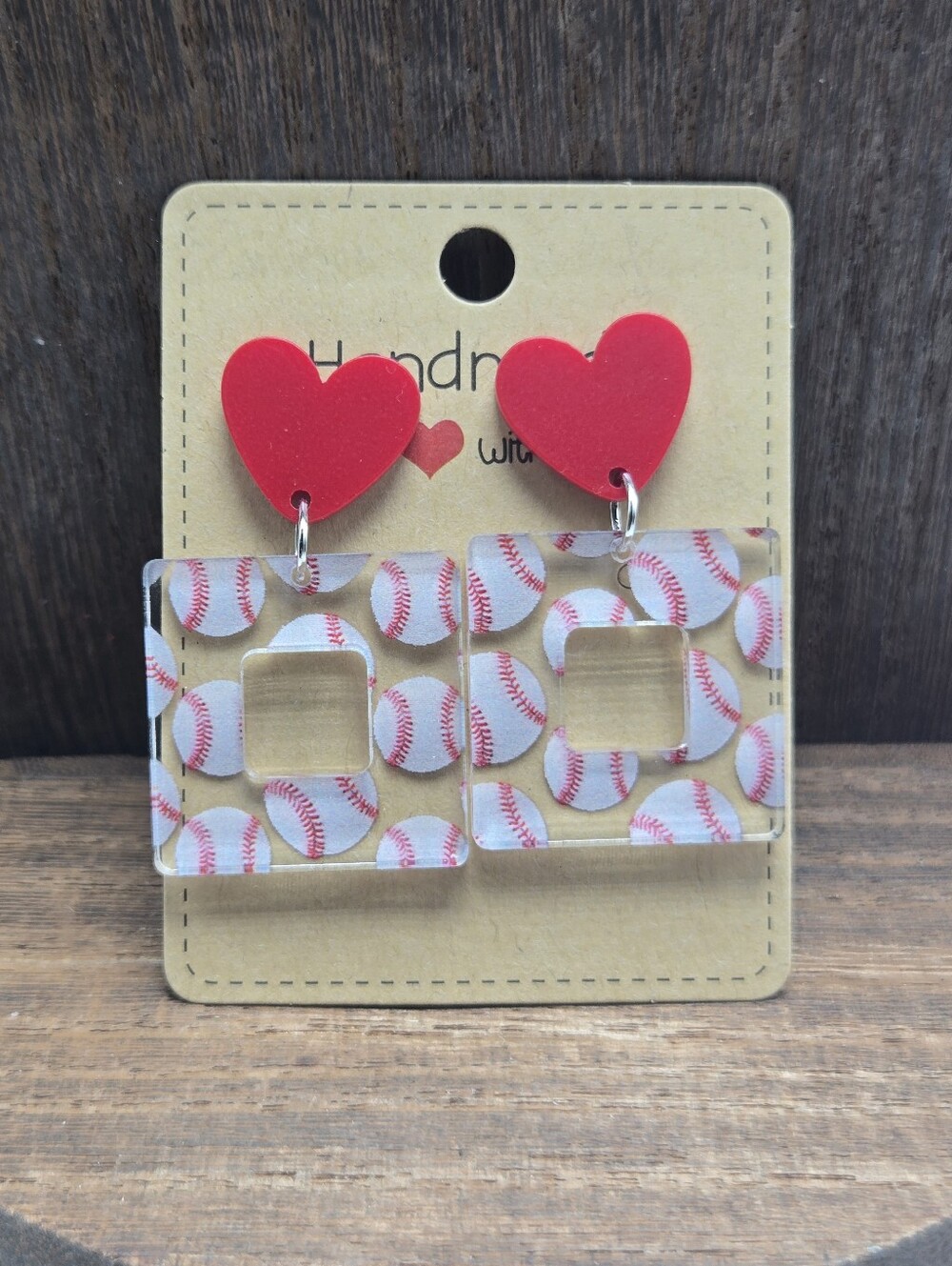 NWT Heart Baseball Earrings Pierced Acrylic Dangle Drop Light Weight Fashion